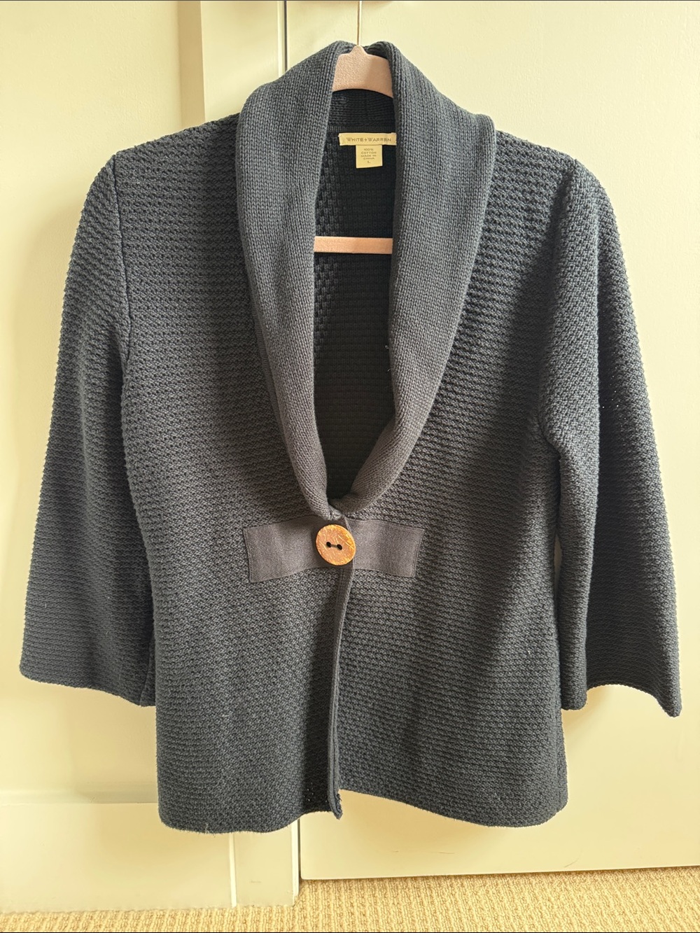 White + Warren Black Shawl-Collar Button Cardigan Size L